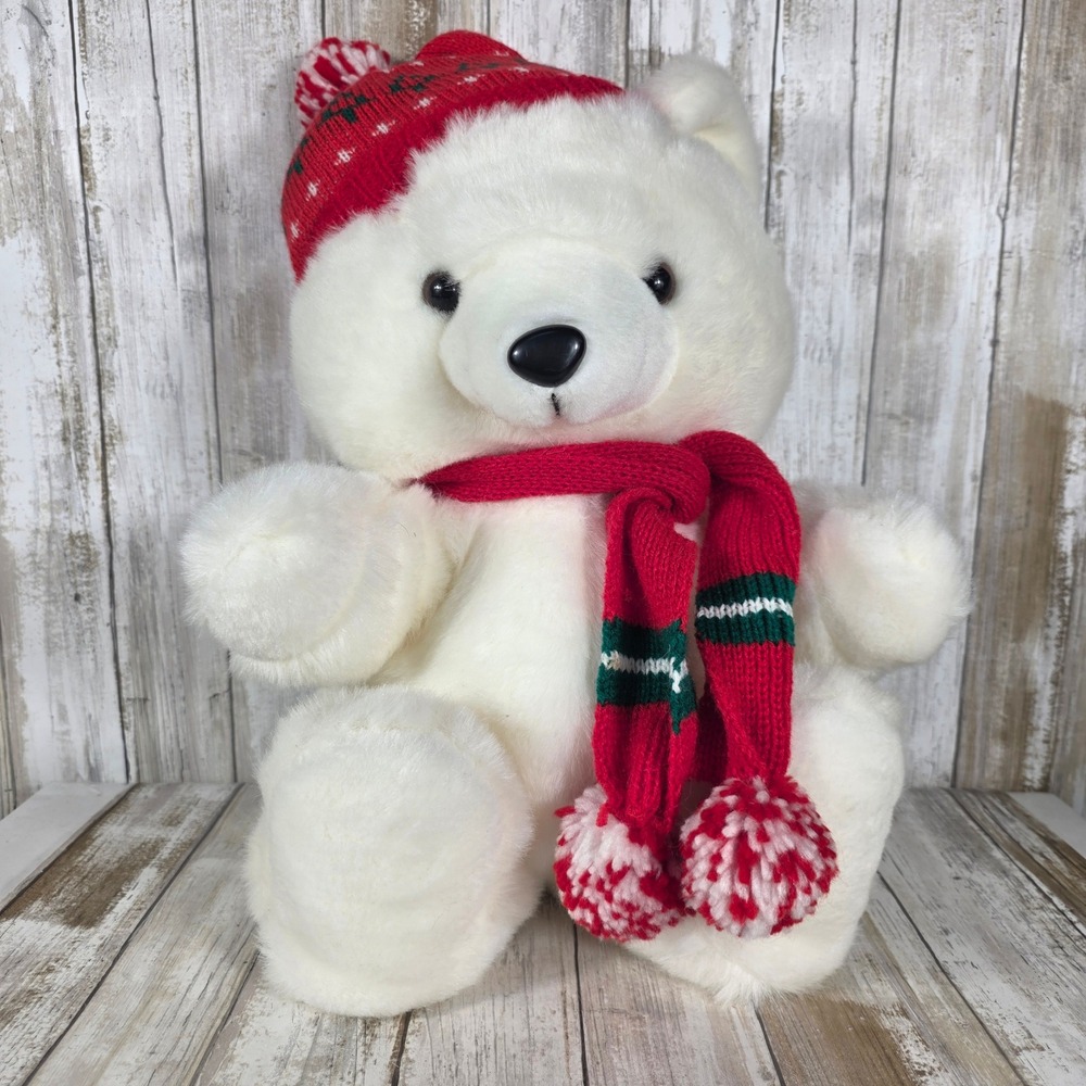 Vintage 1986 K-Mart Christmas Polar Bear Plush White Red Scarf Hat 18 inch